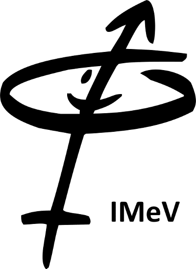 Weißes Symbol aus kombiniertem Frauen- und Männerzeichen mit einem Smiley im Kreis, im unteren Teil rechts daneben der Schriftzug IMeV in weiß