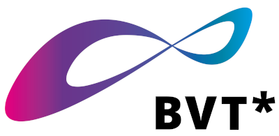 Vierfarbiges Logo (Magenta, Lila, Blau, Türkis) mit Wortmarke BVT* (Bundesverband Trans*) in schwarzer Schrift