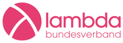 Magentafarbener Kreis mit ausgeschnittenem, transparentem Lambda-Buchstaben darauf, rechts daneben der Schriftzug lambda bundesverband in zwei Zeilen