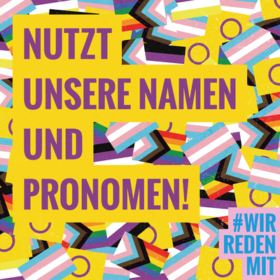 "Nutzt unsere Namen und Pronomen!" Lila Schriftzug, gelb hinterlegt, vor einem Hintergrund von vielen kleinen Trans*- , Inter*- und progressiven Regenbogenflaggen. In der rechten unteren Ecke das #WRM-Logo hellblau auf rosa.