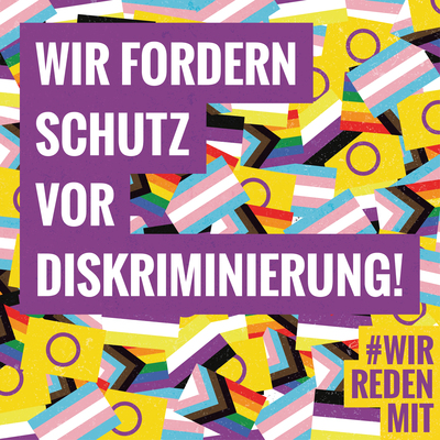 "Wir fordern Schutz vor Diskriminierung!" Weißer Schriftzug, lila hinterlegt, vor einem Hintergrund von vielen kleinen Trans*- , Inter*- und progressiven Regenbogenflaggen. In der rechten unteren Ecke das #WRM-Logo lila auf gelb.