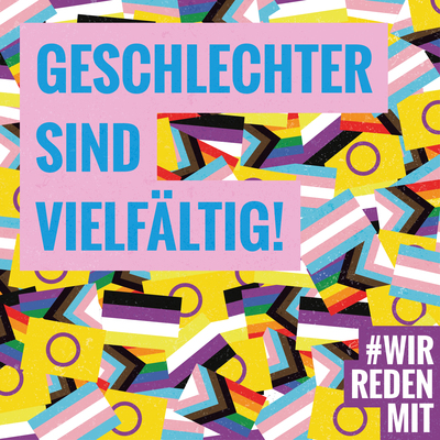 "Geschlechter sind vielfältig!" Hellblauer Schriftzug, rosa hinterlegt, vor einem Hintergrund von vielen kleinen Trans*- , Inter*- und progressiven Regenbogenflaggen. In der rechten unteren Ecke das #WRM-Logo weiß auf lila.