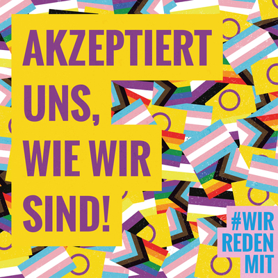 "Akzeptiert uns, wie wir sind!" Lila Schriftzug, gelb hinterlegt, vor einem Hintergrund von vielen kleinen Trans*- , Inter*- und progressiven Regenbogenflaggen. In der rechten unteren Ecke das #WRM-Logo hellblau auf rosa.